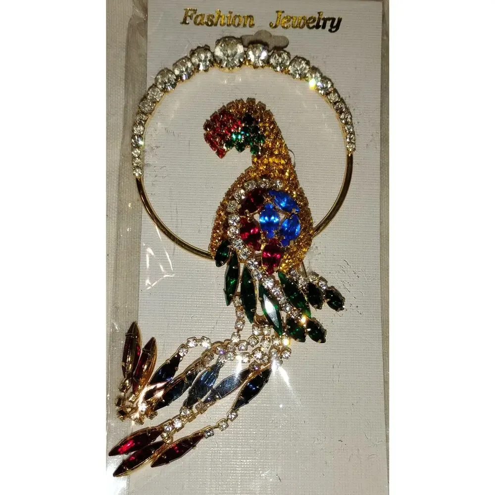 Lge Vintage 1980s Rhinestone Parrot Brooch 5.5